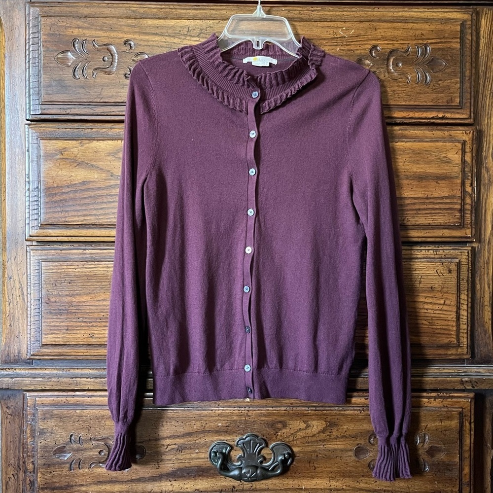 Boden Plum Ruffle Trim Cardigan